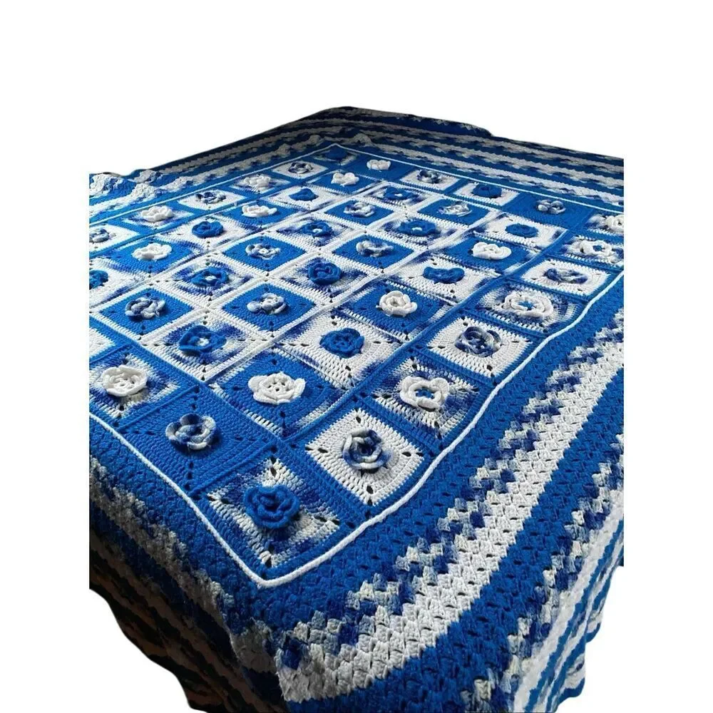 Vintage Crochet 3D Flower Blue rose Daisy Blanket KING SIZE XL Cottagecore vtg